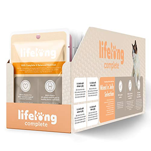 Marca Amazon - Lifelong Alimento completo para gatos adultos - Selección mixta en gelatina, 2,4 kg (24 bolsitas x 100g)