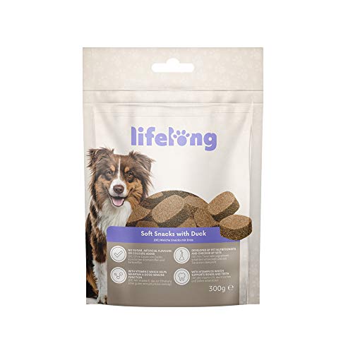 Marca Amazon - Lifelong - Treats para perros, ricos en proteínas, con cordero, pato, pavo y vacuno (4 packs x 300gr)