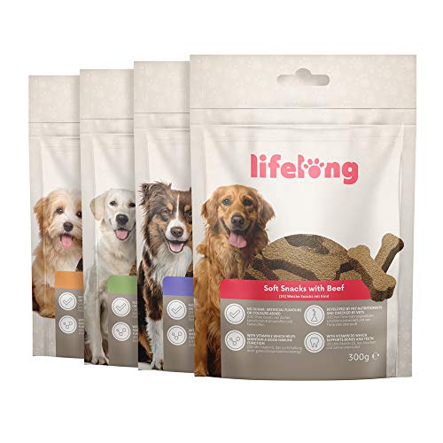 Marca Amazon - Lifelong - Treats para perros, ricos en proteínas, con cordero, pato, pavo y vacuno (4 packs x 300gr) Marca Amazon - Lifelong - Treats para perros, ricos en proteínas, con cordero, pato, pavo y vacuno (4 packs x 300gr)