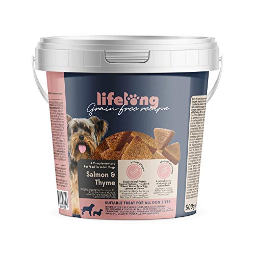 Marca Amazon - Lifelong - Treats para perros, sin trigo, con mono-proteína, con salmón, zanahoria y tomillo (4 botes x 500gr)