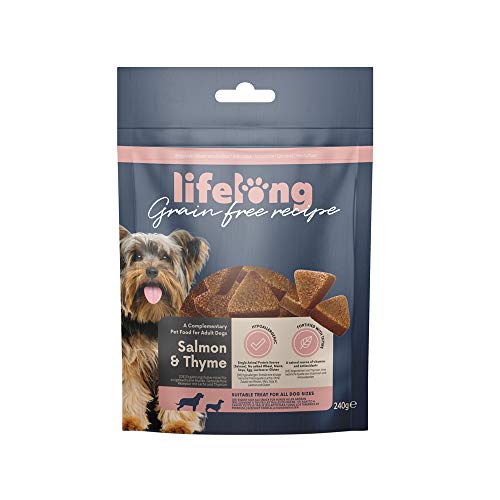 Marca Amazon - Lifelong - Treats para perros, sin trigo, con mono-proteína, con salmón, zanahoria y tomillo (4 packs x 240gr)