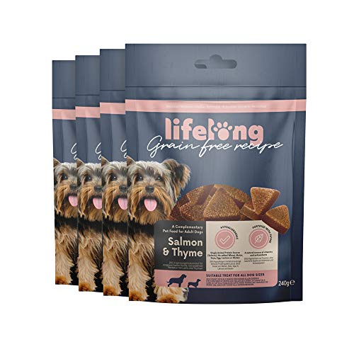 Marca Amazon - Lifelong - Treats para perros, sin trigo, con mono-proteína, con salmón, zanahoria y tomillo (4 packs x 240gr) Marca Amazon - Lifelong - Treats para perros, sin trigo, con mono-proteína, con salmón, zanahoria y tomillo (4 packs x 240gr)