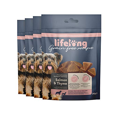 Marca Amazon - Lifelong - Treats para perros, sin trigo, con mono-proteína, con salmón, zanahoria y tomillo (4 packs x 240gr)