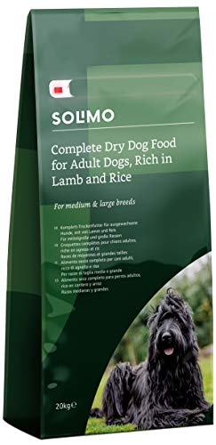 Marca Amazon - Solimo - Alimento seco completo para perro adulto rico en cordero y arroz, 1 Pack de 20 kg