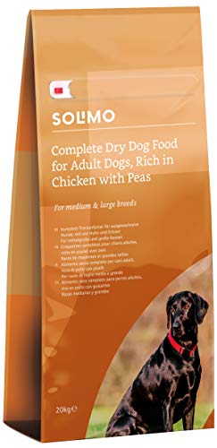 Marca Amazon - Solimo - Alimento seco completo para perro adulto rico en pollo con guisantes, 1 pack de 20 kg