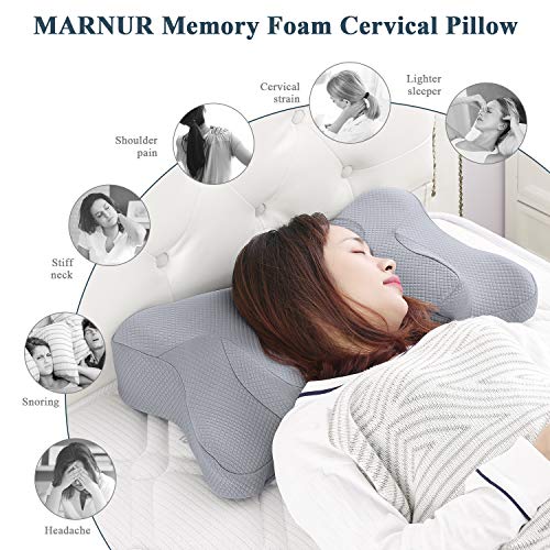 MARNUR Almohada Cervical Ortopédica de Espuma Viscoelástica, Una Almohada Ergonómica Utilizada Para Sostener la Columna Cervical (51,5 x 33,2 x 11,5 cm) + Funda de Almohada Gris