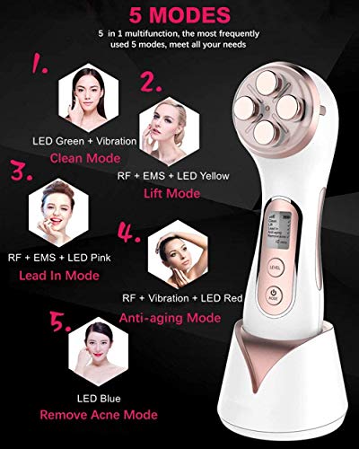 Masajeador de belleza por Ultrasonidos, 5 en 1 RF LED Facial Instrumento Multifuncional Dispositivo anti-edad Rejuvenecimiento de la piel Anti-arrugas Anti-acné Apriete de la Piel Limpieza facial