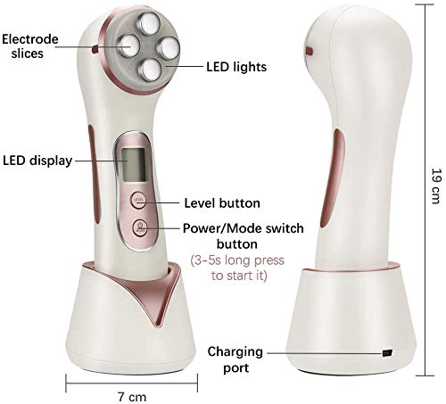Masajeador de belleza por Ultrasonidos, 5 en 1 RF LED Facial Instrumento Multifuncional Dispositivo anti-edad Rejuvenecimiento de la piel Anti-arrugas Anti-acné Apriete de la Piel Limpieza facial