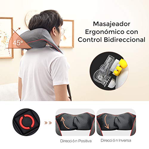 Masajeador de Espalda con Modo de Vibración, 8 Rodillos, 3D Rotación con Calor, 3 Intensidades, 5 Botones, Shiatsu Masajeador Cervical y Espalda/Cuello/Hombro/Piernas, Regalo Perfecto