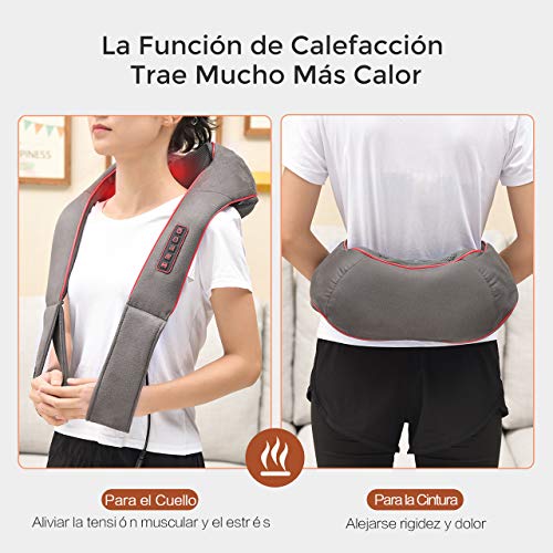 Masajeador de Espalda con Modo de Vibración, 8 Rodillos, 3D Rotación con Calor, 3 Intensidades, 5 Botones, Shiatsu Masajeador Cervical y Espalda/Cuello/Hombro/Piernas, Regalo Perfecto