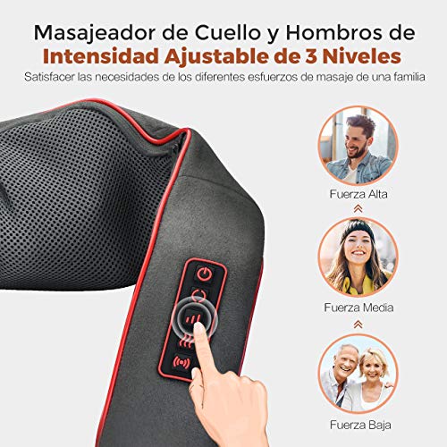 Masajeador de Espalda con Modo de Vibración, 8 Rodillos, 3D Rotación con Calor, 3 Intensidades, 5 Botones, Shiatsu Masajeador Cervical y Espalda/Cuello/Hombro/Piernas, Regalo Perfecto