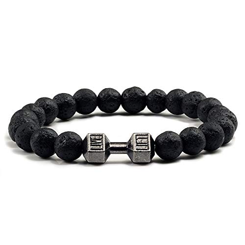 MASAP Pulsera Pulsera con Mancuernas volcánicas de Roca volcánica Negra Natural Pulsera de Cuentas Mate Negra Pulsera con Barra para Mujer Fitness Fitness Pulseras