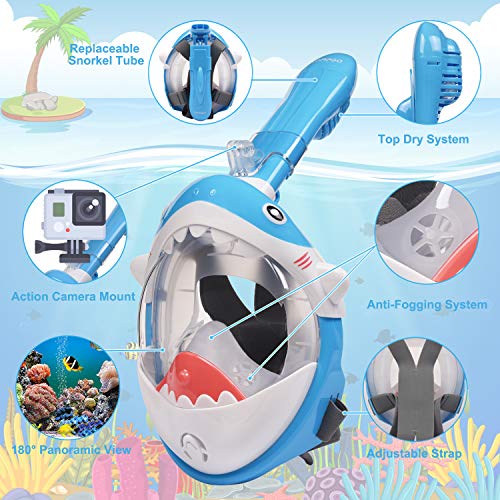 Mascara de Buceo para Niños, Diseño de Tiburones Máscara de Snorkel 180 ° Panorámico Máscara de Buceo de Cara Completa Cámara de Acción Compatible con Anti-Niebla y Anti-Fugas