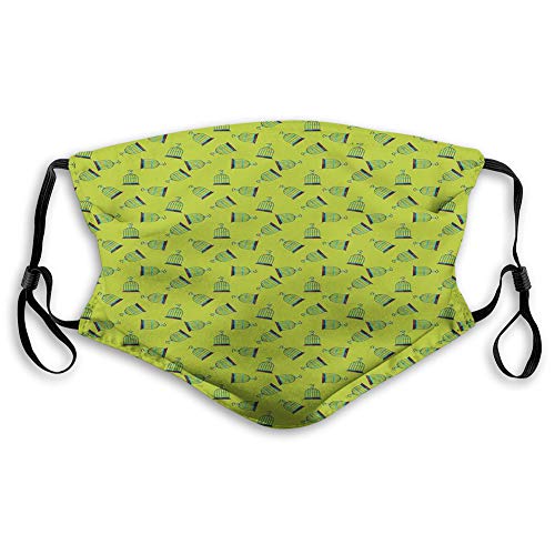 Máscara facial de carbón activado resistente al viento, patrón de iconos de jaula de pájaros gráficos retro simples sobre fondo verde, decoraciones faciales impresas para adultos. Máscara facial de carbón activado resistente al viento, patrón de iconos de jaula de pájaros gráficos retro simples sobre fondo verde, decoraciones faciales impresas para adultos.