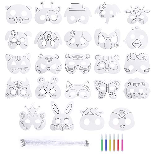 Mascarilla de Animal 24 Piezas Máscaras para Colorear en Blanco DIY Máscara Manualidades Infantiles de Pintura para Halloween Navidad Cosplay Cumpleaños Fiestas