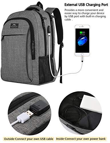 MATEIN Mochila Portatil Hombre Impermeable Mochila para Ordenador Portátil 15.6 Pulgadas Mochila Ejecutivo con Puerto USB para Trabajo Empresarial Profesional Viajar Universidad Colegio - Gris