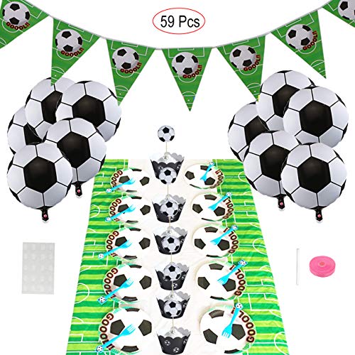 Mattelsen Fútbol Temáticas Decoraciones de Fiesta con Balones Globos Helio, Pancartas, Platos & Tenedores, Mantel y Toppers de Magdalena de Futbol Fanática del Fútbol para Niños Niño Cumpleaños