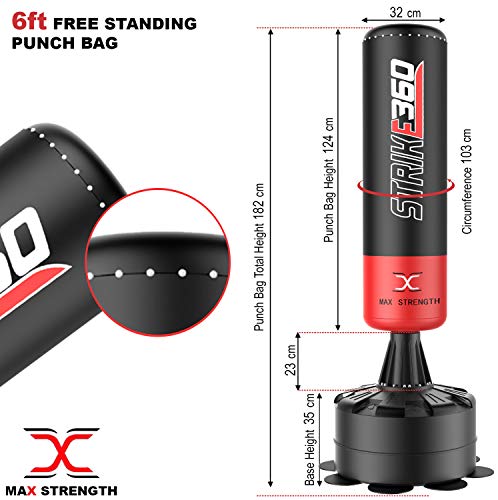 MAXSTRENGTH Saco de boxeo de pie de 1,8 m, resistente, para boxeo, artes marciales mixtas y artes marciales mixtas (negro/rojo Strike 360)