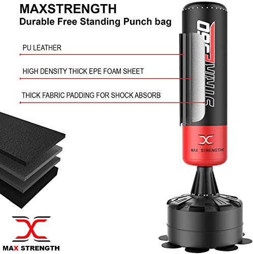 MAXSTRENGTH Saco de boxeo de pie de 1,8 m, resistente, para boxeo, artes marciales mixtas y artes marciales mixtas (negro/rojo Strike 360)