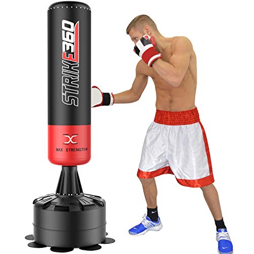 MAXSTRENGTH Saco de boxeo de pie de 1,8 m, resistente, para boxeo, artes marciales mixtas y artes marciales mixtas (negro/rojo Strike 360)