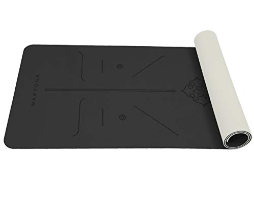 MAXYOGA® MaxDirect Esterilla Yoga con Sistema de Alineación y Marcados. Colchoneta Yoga Mat Antideslizante y Ligera de Material Ecológico TPE. Tamaño Ideal 183cm x 61cm x 6mm. - Negro