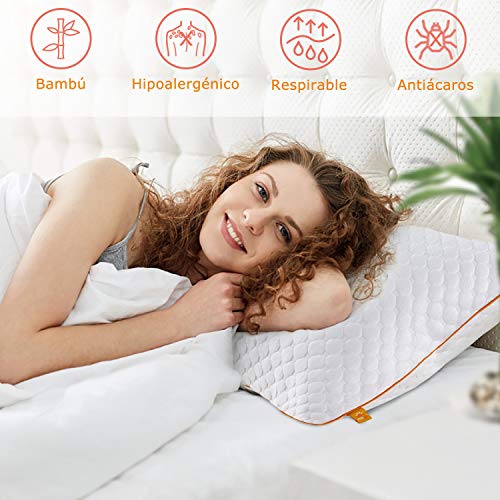 Maxzzz Pack de 2 Almohadas 42x70cm para Dormir Almohadas Fibra de Bambú Hipoalergénicas y Antiácaros Almohada de Hotel Dormoir de Lado Boca Abajo y Boca Arriba con Funda Lavable