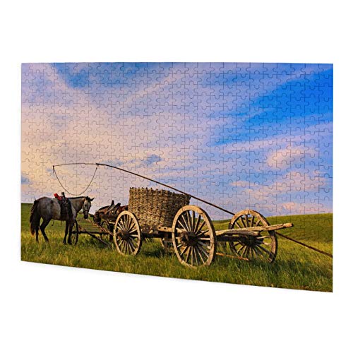 MAYUES Rompecabezas Puzzle 500 Piezas Los Caballos y el Carro de Caballos en pastizales de Mongolia Inteligencia Jigsaw Puzzles para Adultos Niños Juegos