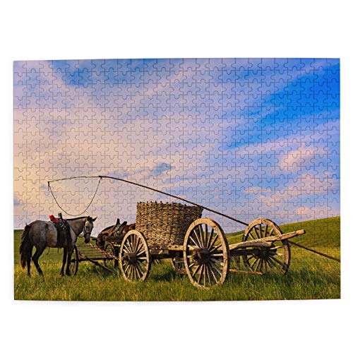 MAYUES Rompecabezas Puzzle 500 Piezas Los Caballos y el Carro de Caballos en pastizales de Mongolia Inteligencia Jigsaw Puzzles para Adultos Niños Juegos