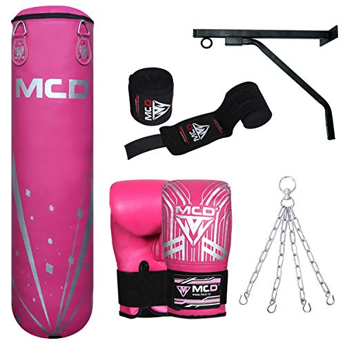 MCD SPORTS Saco de Boxeo y Guantes Sin Relleno, Guantes de Entrenamiento R5, Cadena, Cuerda de Saltar y Vendas de Mano para MMA, Kickboxing, Muay Thai Juego de Bolsas de Boxeo 4 Pies