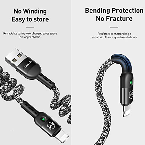 Mcdodo Cable USB elástico en Espiral Cable retráctil de sincronización de Datos Cable de Carga y Carga para Phone 11 Pro MAX XR 8 7 Estirable a 5.9 pies Negro