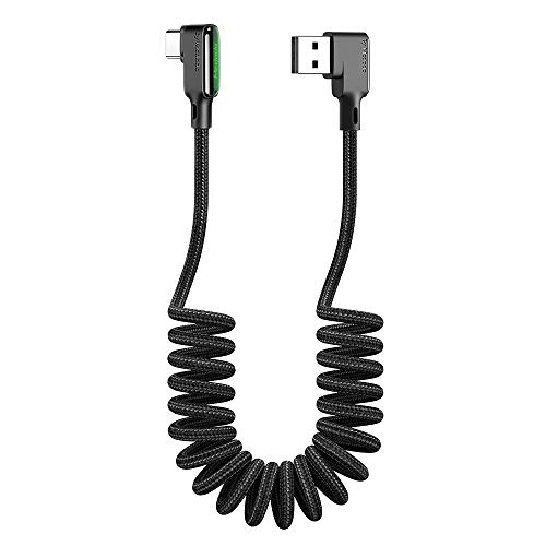 Mcdodo LED 90 grados Cable elástico USB C en Espiral, ángulo recto Cable retráctil Tipo C de Datos Cable de Carga QC 4.0 Cable de Carga en Espiral,para S10 S9 S8 Huawei P30 P20-elástico a 1.8m Negro