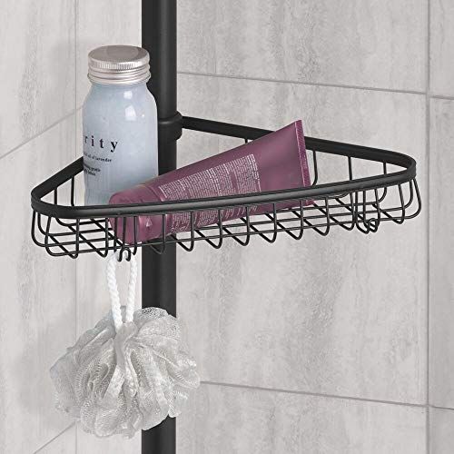 mDesign Estantería de ducha metálica sin taladros – Práctico organizador de ducha para el rincón – Estantería para ducha con barra telescópica – Con toallero de barra – negro mate