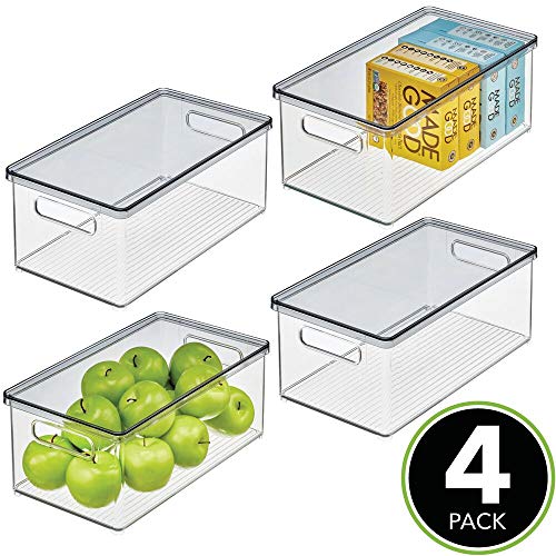 mDesign Juego de 4 Cajas organizadoras de plástico para Nevera – Recipiente para Guardar Alimentos con Tapa – Organizador para Nevera, Cocina y despensa Apto para Alimentos – Transparente/Gris