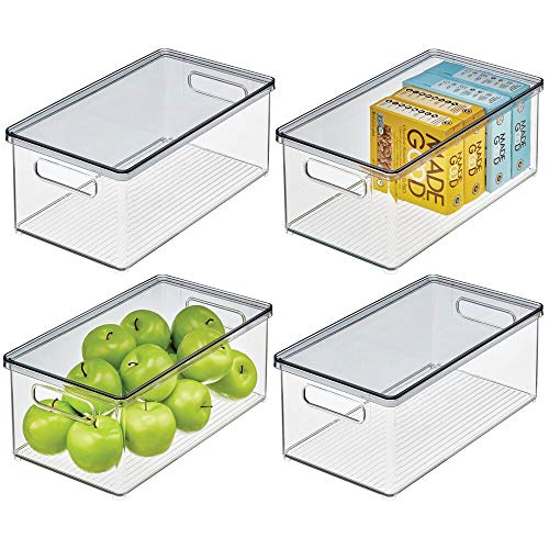 mDesign Juego de 4 Cajas organizadoras de plástico para Nevera – Recipiente para Guardar Alimentos con Tapa – Organizador para Nevera, Cocina y despensa Apto para Alimentos – Transparente/Gris