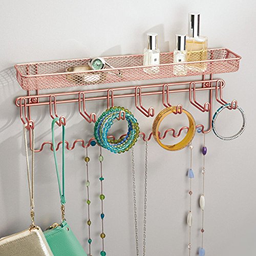 mDesign - Organizador para accesorios, de pared; guarda alhajas, collares, aros, pulseras, relojes pulsera - Oro Rosado