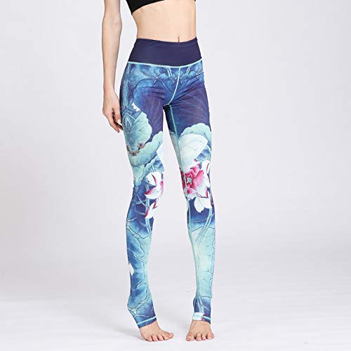 Mdsfe Pantalones de Yoga de Fitness Leggings de Mujer Ejercicio de Entrenamiento Floral Polainas de Running Flexiones Sexy Ropa de Gimnasia Pantalones elásticos Delgados - Blue Print, M