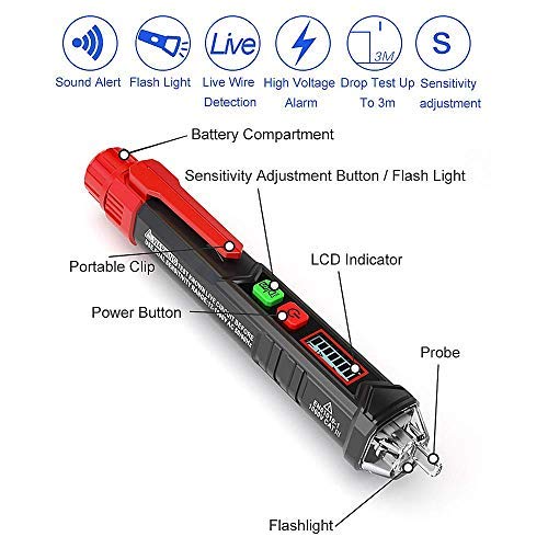 Medidor de tensión sin contacto con linterna LED + interruptor de protección FI, enchufe, circuito automático de polaridad, enchufe de pared, buscador TA100 + TA106D Medidor de tensión sin contacto con linterna LED + interruptor de protección FI, enchufe, circuito automático de polaridad, enchufe de pared, buscador TA100 + TA106D