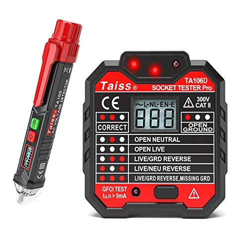 Medidor de tensión sin contacto con linterna LED + interruptor de protección FI, enchufe, circuito automático de polaridad, enchufe de pared, buscador TA100 + TA106D Medidor de tensión sin contacto con linterna LED + interruptor de protección FI, enchufe, circuito automático de polaridad, enchufe de pared, buscador TA100 + TA106D