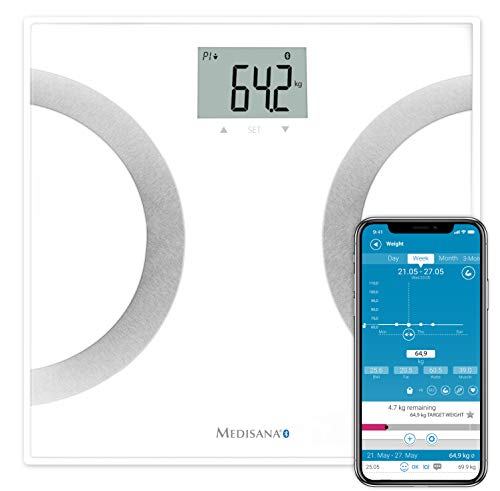 Medisana BS 445 Connect Báscula analítica digital de 180 kg, personal para medir la grasa corporal, el agua corporal, la masa muscular, el peso de los huesos, báscula de grasa corporal con app