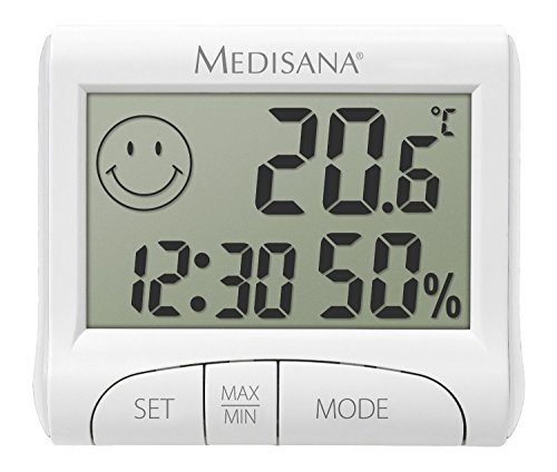 Medisana HG 100 Higrómetro digital para interiores, termómetro con humedad, temperatura ambiente, tiempo, visualización de la humidificación interior