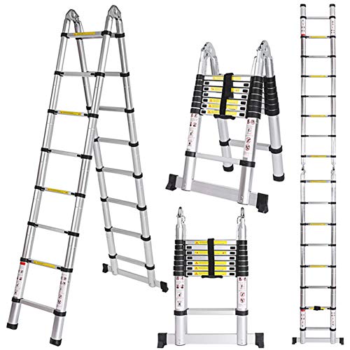 Meditool 5M Escalera Plegable Aluminio,2,5M+2,5M Escalera Telescópica, Escalera Plegable Portátil,16 Escalones Antideslizantes,Soporta Hasta 150 kg