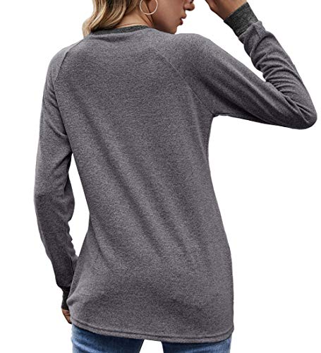 Meerway Camiseta Manga Larga Mujer con Cuello Redondo con Bolsillos algodón Basicas Gris M