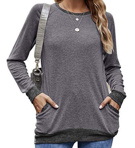 Meerway Camiseta Manga Larga Mujer con Cuello Redondo con Bolsillos algodón Basicas Gris M