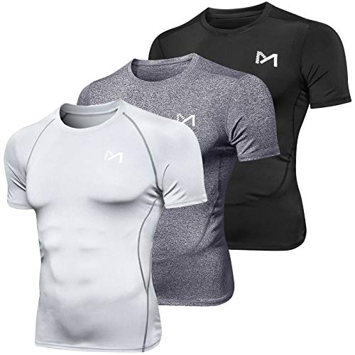 MEETYOO Camiseta Compresion Hombre, Manga Corta Camisetas Ropa Deportiva para Running Gym Ciclismo (Blanco + Negro + Gris, M)