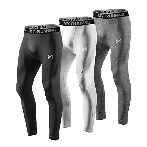 MEETYOO Leggings Hombre, Pantalón de Compresión Secado Rápido Pantalones Deporte Mallas Largas para Running Fitness Yoga (Negro+Blanco+Gris, L)