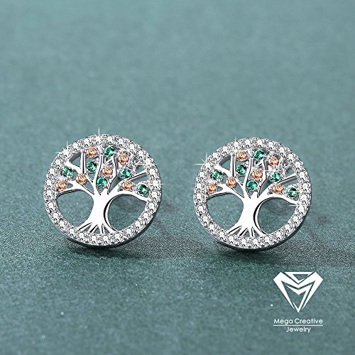 MEGA CREATIVE JEWELRY Pendientes Mujer Amor de la Familia de Árbol de la Vida Cristales Swarovski Pendientes de la Moda 925 Plata Esterlina, Regalo de la Joyería (Plata-Tree)