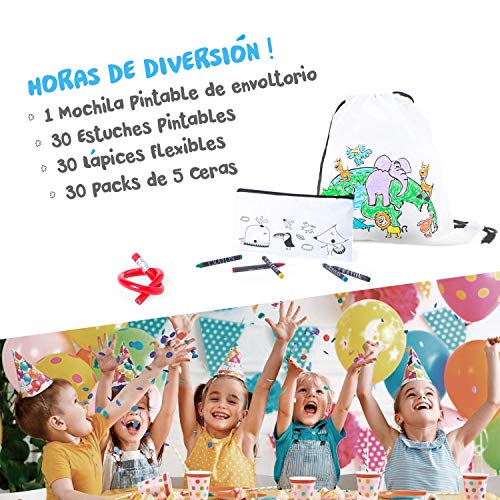 Mega Pack de 30 Estuches para Pintar con Ceras - Original Regalo para Cumpleaños, Fiestas Infantiles en el Colegio y Comuniones - Incluye Lápiz Flexible -Diversión Asegurada