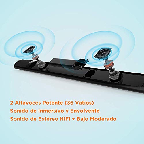 Meidong Barra de Sonido para TV, Bluetooth 4.2 Inalámbrico Barras de Sonido Delgada, 2 Altavoces 36 Vatios Bajo Profundo Envolvente Estéreo Control Remoto para HDMI/RCA/Opt/AUX/Coax/3.5mm Audio