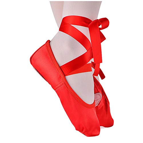 Meijunter Mujeres Niñas Cinta de Seda Zapatos de Baile de Ballet Suela de Cuero Plana Rendimiento Profesional Salón de Baile Yoga Zapatillas de Dance Shoes de Toile Rojo