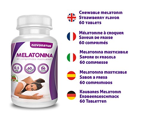 Melatonina 0,5mg con vitamina B6, 60 comprimidos de melatonina masticable sublingual con sabor a fresa, regula el ciclo del sueño, ideal para el jet lag. NOVONATUR. Melatonina 0,5mg con vitamina B6, 60 comprimidos de melatonina masticable sublingual con sabor a fresa, regula el ciclo del sueño, ideal para el jet lag. NOVONATUR.